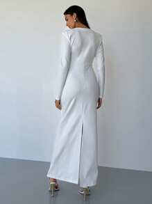 Aloruh 女士纯白色性感复古金属花朵装饰修身长袖连衣裙，优雅派对连衣裙，情人节装，情人节，女士连衣裙，优雅连衣裙，女士白色连衣裙，白色连衣裙，情人节连衣裙，女士礼服，女士优雅连衣裙 - 白色 - 查看 2