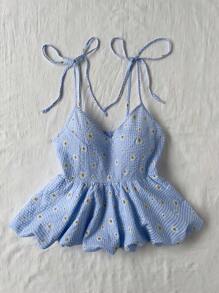 Flirla Plus Size Women's Boho Sundress Bowknot Blue Plaid Daisy Floral Print A-Line Vacation Stylish Cute Casual Cami Top, For Summer