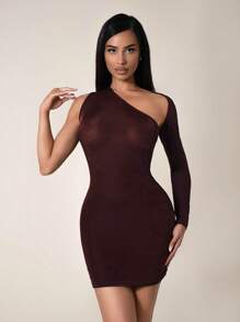 Zolique Women's Elegant Sexy Sparkling Silk-Like Asymmetrical Open Shoulder Dress Fall Cloth For Women - Chocolate Brown - View 3