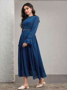 Graceveil French Style Puff Sleeve Beaded Waist Slim Fit Dress,Modest