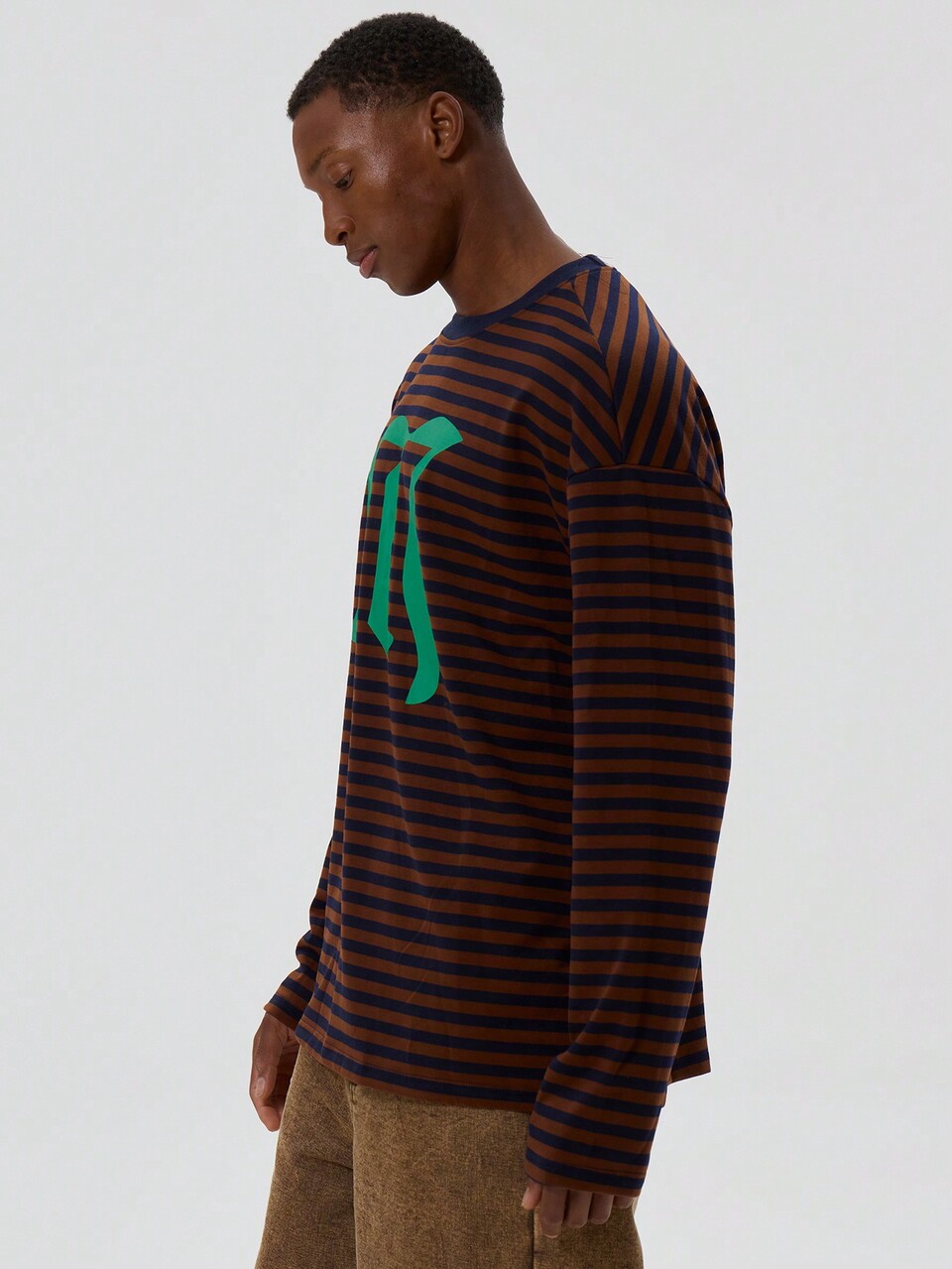 Crew Neck Long Sleeve Contrast Stripe Drop Shoulder Large "M" Contrast Graphic Print Tshirt Top SPRING SUMMER