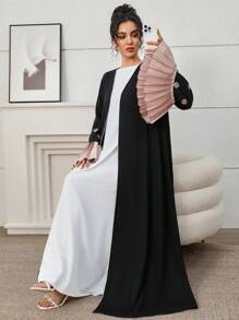 Yasmyna Abaya larga con mangas abullonadas de color bloque plisada, vestido modesto - Negro - Ver 6
