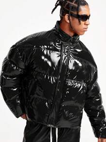 AXEPEAK Men's Solid Color Shiny Front Zip Closure Hooded Winter Jacket - Black - View 3