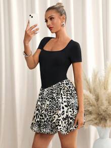 SHEIN Clasi Women's Elegant Square Neck Floral Mini Dress With Leopard Hemline, Fitted Casual Everyday Wear  Dresses For Women Cheetah Print Summer Dresses For Women  French Elegant Elegant Daily - Multicolor - View 4