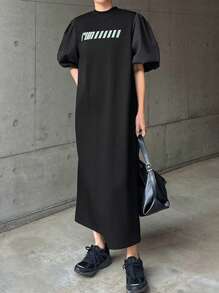 FRIFUL Women's Colorblock Letter Print Midi Dress With Funnel Neck And Puff Sleeves Sundress - Black - View 4