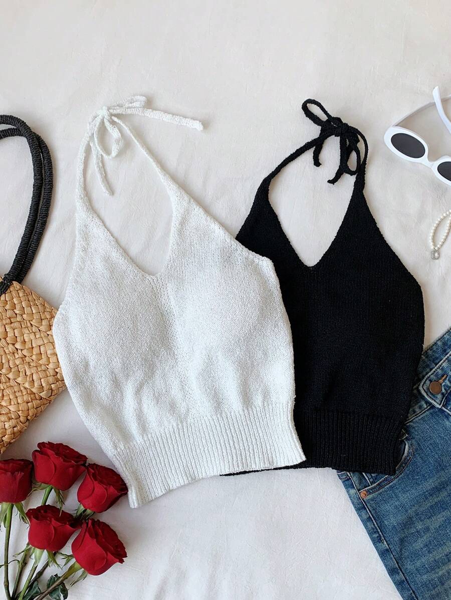 Comfortcana 2pcs Women's Spring/Summer Beach New Knitted Cute Halter Tops, Vacation Clothes