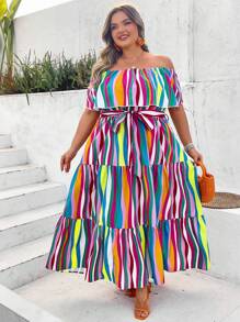 SHEIN CURVE+ Plus Size Vacation Leisure Colorful Striped Pattern Off-Shoulder Ruffle Trimmed Multi-Tiered Hem A-Line Dress Pride Month Rainbow Women's Long Dress Boho Vacation - Multicolor - View 4