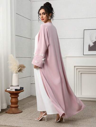 Yasmyna Women's Long Sleeve Arab Abaya Outwear With Bow Cuff And Faux Pearl Decor, Modest Robe