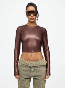 SUMWON WOMEN Metallic Long Sleeve Crop Top Y2K Fashion Club Party Wear Slim Fit Stretchy Mock Neck Dance Performance Rave Festival Aesthetic Streetwear - Burgundy - View 1