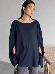 FRIFUL Áo cánh dài tay xẻ tà màu xanh navy dành cho nữ, mùa xuân - Màu xanh hải quân - Xem 3