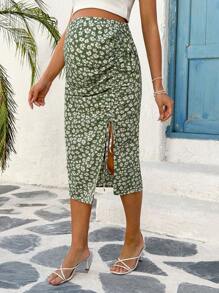 SHEIN Maternity Ditsy Floral Pattern Drawstring Tie-Up Bowknot Skirt - Green - View 4