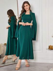 Modelyn Damen Kunstfell Splice Offene Ärmel Langes Kleid, Elegant