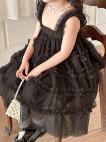 DAZY Young Girl Mesh Patchwork Wide Strap Simple Bear Pattern Party Dress,Girls Summer Outfits - Brown - View 6