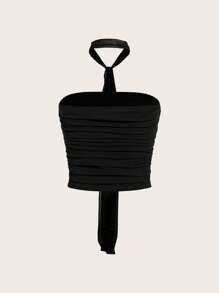 SHEIN EZwear Women's New Arrival Ruched Mesh Camisole With Scarf - Black - View 2