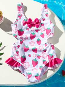 SHEIN 1pc Young Girl Cute Strawberry Print One-Piece Beach/Vacation Swimsuit For Summer - Multicolor - View 1