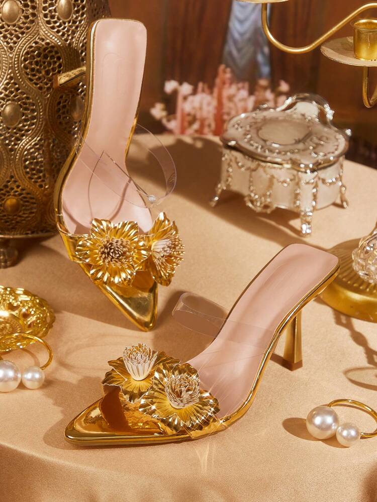 CUCCOO TILAWA Sandalias de tacón alto con punta afilada y diseño floral dorado para mujer, zapatos sexys, elegantes, casuales, para fiesta, cita, boda o banquete