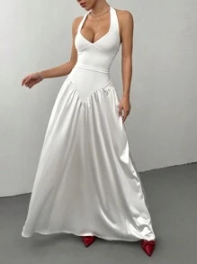 SHEIN Unity 休闲褶皱绑带性感女式长裙 - 白色 - 查看 1
