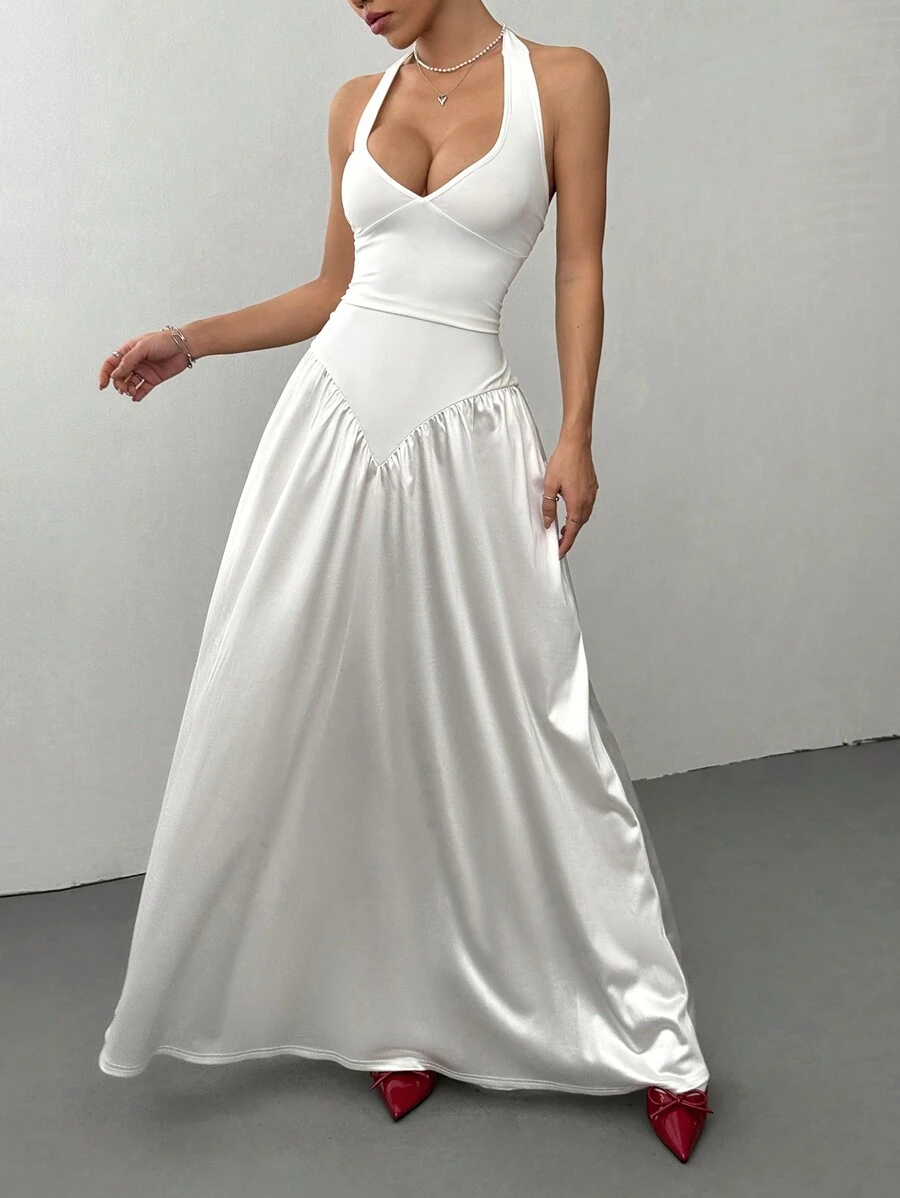 SHEIN Unity 休闲褶皱绑带性感女式长裙 - 白色 - 查看 1