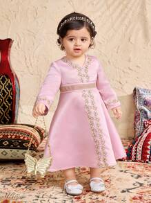 SHEIN Baby Girl Charming Satin Floral Print Long Sleeve Dress, Summer - Pink - View 3