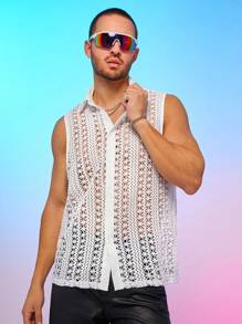 FeverCity Men's Loose-Fit Sleeveless Shirt With Mock Crochet Lattice Pattern & Turndown Collar - Beige - View 1