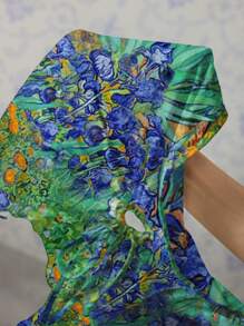 SHEIN MOD Casual Drawstring Asymmetrical Hem Body-Hugging Halter Top With Vintage Van Gogh Painting Print