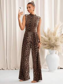 SHEIN Clasi 女士优雅立领豹纹口袋连体裤，修身休闲日常通勤装，适合春夏季