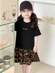 Dazy Kids 小女孩豹纹和字母图案拼布连衣裙，返校服装 - 黑色 - 查看 5