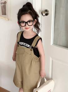 Dazy Kids 2pcs/Set Young Girl Letter Print Round Neck Camisole And Bib Shorts Set