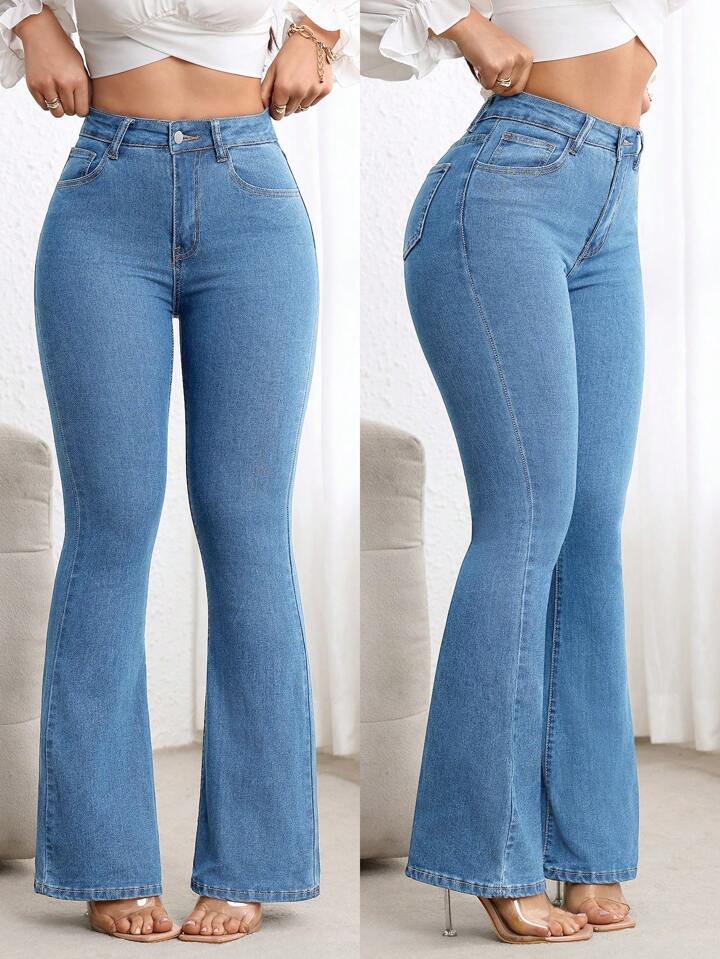 SHEIN Essnce Women's Button Front Pocket Simple Design Casual Denim Long Pants, Daily Wear Flared Jeans