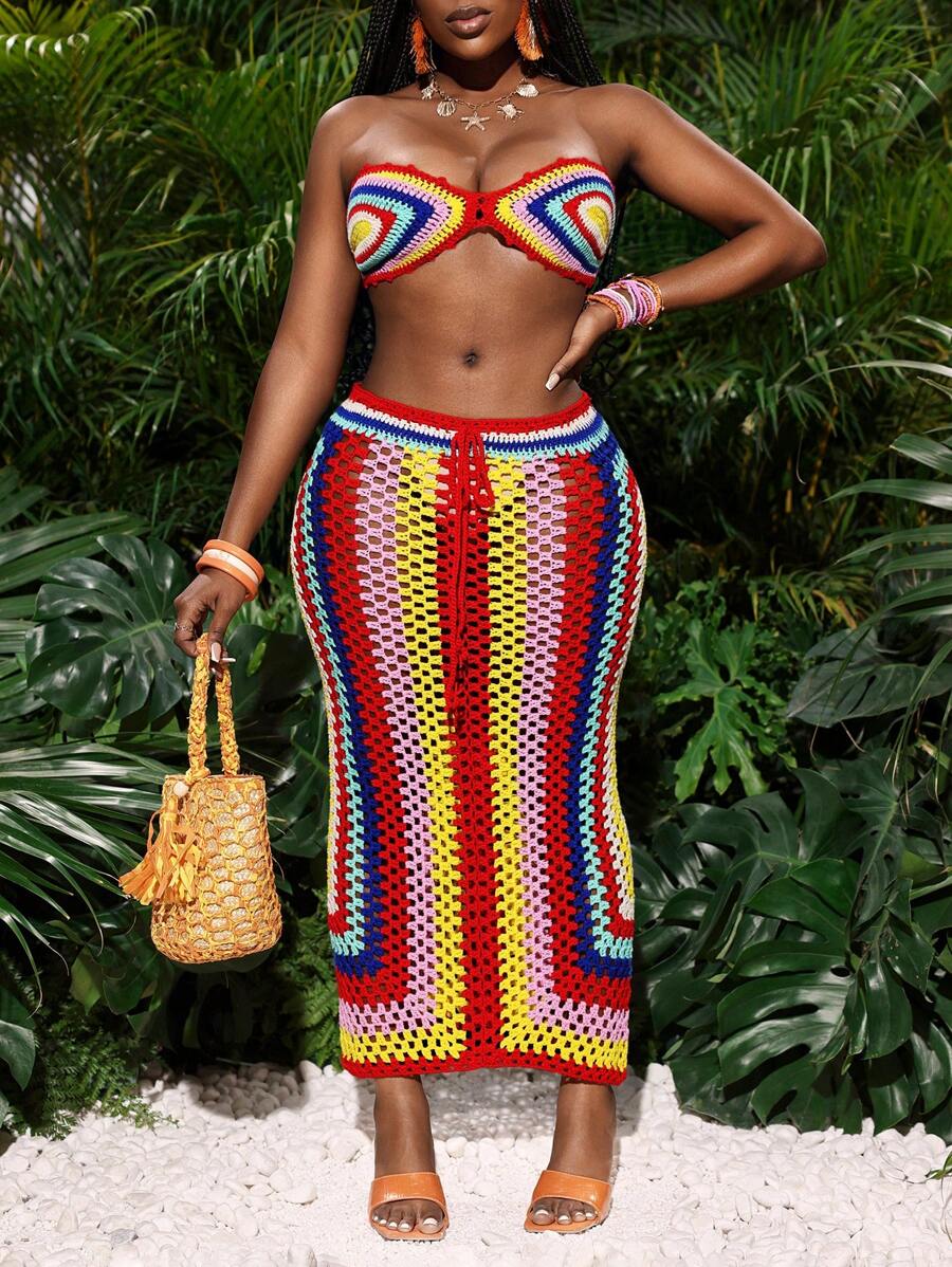 Slaydiva 2 件套女士度假性感圆领条纹短款上衣和裙子套装 - 彩色 - 查看 1