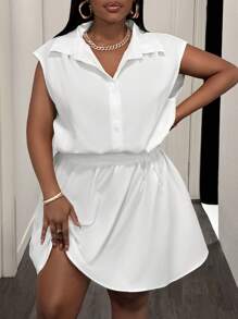 Slaydiva Ensemble 2 pièces grande taille femme - Blouse ajustée sans manches blanche unie avec col froncé et ourlet avec cordon, et mini-jupe trapèze froncée à la taille, casual, printemps/été