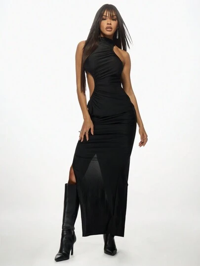 MISSGUIDED 优雅褶皱露背长裙，侧边镂空和开衩设计，完美适用于晚宴、婚礼宾客和正式场合。