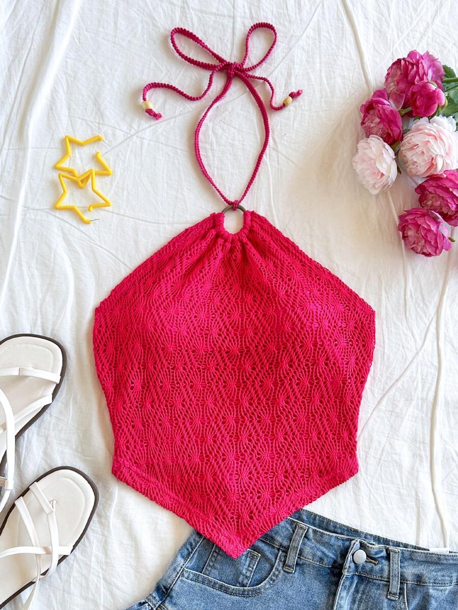 Soleia Textured Crochet Tie Front Halter Backless Top, Vacation Wear - Hot Pink - View 1