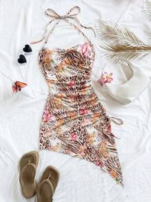 Soleia 春夏季性感豹纹斑马花卉印花挂脖抽绳不对称下摆连衣裙，适合约会、情人节、下午茶