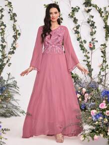 Coutiva Váy phù dâu chiffon mới, váy dạ hội trang trọng, váy dài tay ôm cho tiệc - Màu Hồng baby - Xem 1