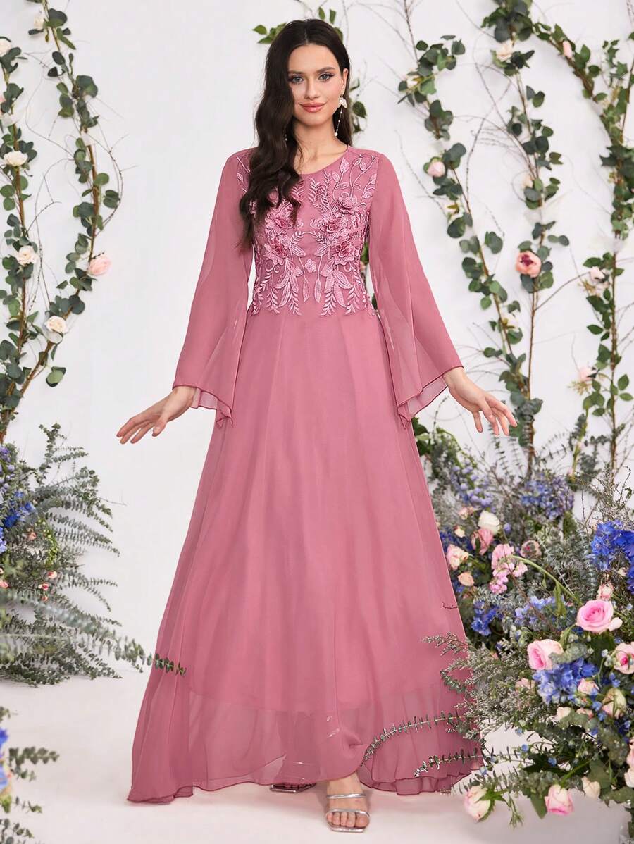 Coutiva Váy phù dâu chiffon mới, váy dạ hội trang trọng, váy dài tay ôm cho tiệc - Màu Hồng baby - Xem 1