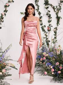 Coutiva 有领高开叉垂坠弹力 3D 玫瑰装饰伴娘礼服，性感派对礼服 - 粉色 - 查看 6