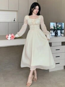 DAZY Women Elegant Wedding Guest Solid Color Square Neck Puff Sleeve Tie-Up Mid-Long Dress, Spring Prom Dress,Fall Dress Long Sleeve Dress