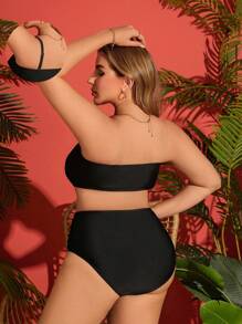 SHEIN Swim Curve 大码女式 2 件套纯色褶饰金属装饰高腰三角比基尼泳装套装，适合夏季海滩度假