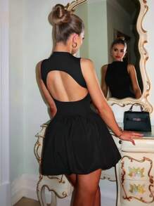 Relinas 性感黑色露背无袖针织泡泡裙、可爱生日礼服、缎面短裙、化妆舞会礼服、浪漫约会晚礼服、音乐会服装、复活节礼服、春夏礼服