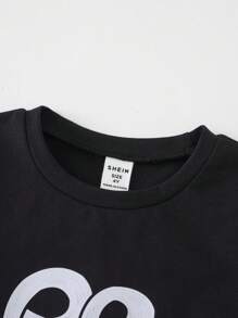 PrepCrw Koszulka z okrągłym dekoltem dla chłopców w kolorze czarnym z dzianiny z nadrukiem, styl szkolny