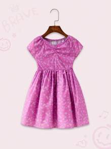 Young Girl Casual Allover Print Cinched Waist Dress - Multicolor - View 5