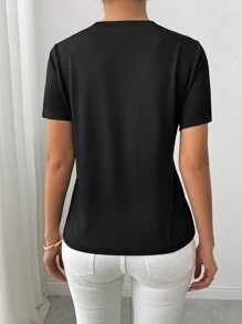 SHEIN 女士黑白泡泡珠装饰圆领短袖上衣 - 黑色 - 查看 2