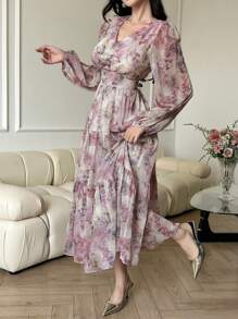 DAZY 女士长款休闲连衣裙，简约时尚，适合日常穿着，花卉图案，秋季长袖连衣裙，度假装扮 - 淺灰紫 - 查看 2