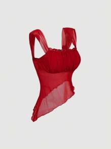 SHEIN MOD 女式红色两件套：不对称下摆修身上衣和泡泡细节低腰短裤，度假、生日、海滩、热带、派对、可爱、夏季、早午餐、春假、休闲、女式两件套 - 酒紅色 - 查看 4