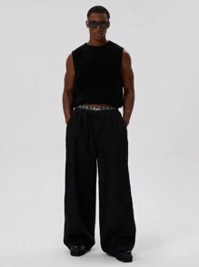 Musero Baggy Wide Leg Basics Style Plain Double Waistband Sweatpants Jogger SPRING SUMMER - Black - View 1