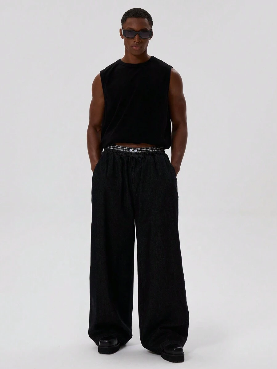 Musero Baggy Wide Leg Basics Style Plain Double Waistband Sweatpants Jogger SPRING SUMMER - Black - View 1