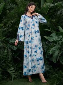 Al Najma Women's Elegant Floral Print Patchwork Loose Long Kaftan, Suitable For Parties,Modest - Multicolor - View 3