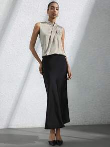 SHEIN Privé 优雅高端时尚百搭立领设计褶皱无袖光泽面料女式衬衫 - 香檳色 - 查看 5