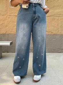 Dazy Petite Plus Bow Embroidery Distressed Oversized Loose Wide-Leg Jeans, All Season - Blue - View 8
